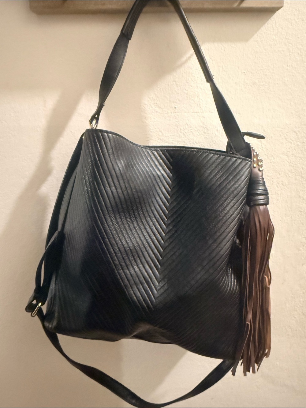 Target Black Chevron Quilted Shoulder Bag with Brown Tassel
